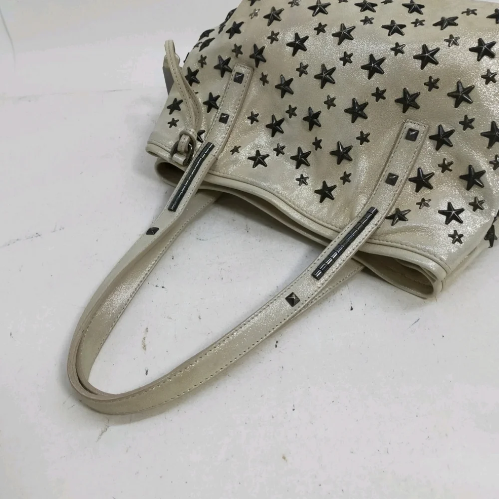 Jimmy Choo Cream Shimmer Star-Studded Nylon W/ Suade Shoulder Bag (EUC)COA CARD✨ - Picture 6 of 14